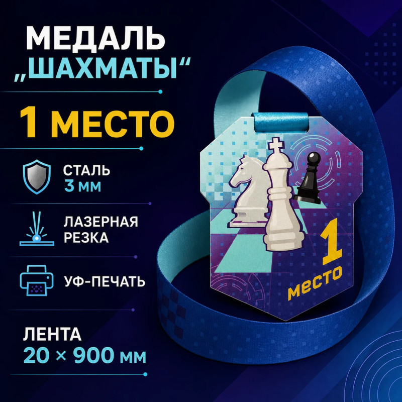 Медаль «Шахматы» за 1 место с лентой 62×75 мм