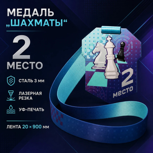 Медаль для шахмат за 2 место с лентой 62×75 мм